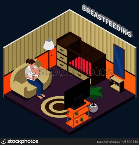 Breastfeeding isometric composition with woman during feeding infant sitting on sofa in home interior vector illustration  . Breastfeeding Isometric Composition