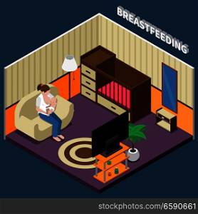 Breastfeeding isometric composition with woman during feeding infant sitting on sofa in home interior vector illustration  . Breastfeeding Isometric Composition