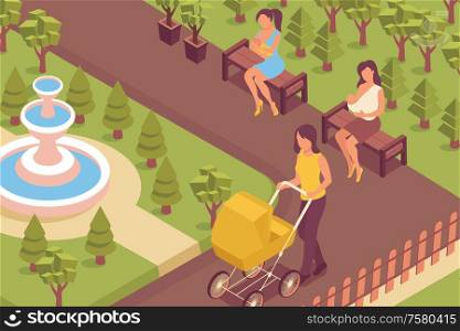 Breastfeeding park isometric composition with outdoor landscape city park lane and nursing women characters with babies vector illustration