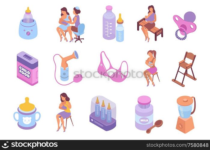 Breastfeeding set with isometric icons of bras child food and human characters isolated on blank background vector illustration