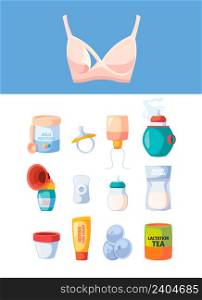 Breastfeeding symbols. Maternity pumping breast with milk bottle for newborn kids infant mom garish vector icons collection. Illustration of lactation and breastfeeding, bottle pump. Breastfeeding symbols. Maternity pumping breast with milk bottle for newborn kids infant mom garish vector icons collection