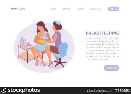 Breastfeeding web page isometric website with clickable links buttons and images of nursing with human characters vector illustration