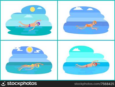Breaststroke butterfly styles isolated vector. Swimming man and woman in suits. Professional swimmers practicing technique, water sport exercises. Breaststroke Butterfly Styles Vector Illustration