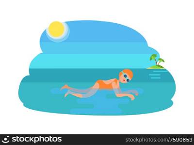 Breaststroke swimming female, woman wearing bathing suit goggles with hat. Sunshine and island seashore, exotic palm tree growing. Sportswoman vector. Breaststroke Swimming Woman Vector Illustration