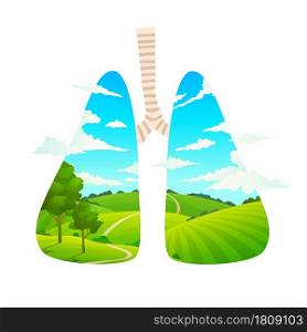 Breathe fresh air. Forest is lungs of planet. Cartoon nature landscape. Scenic green field and blue clear sky. Care of environment. Ecology protection emblem template. Vector healthy breathing concept. Breathe fresh air. Forest is lungs of planet. Cartoon nature landscape. Scenic green field and clear sky. Care of environment. Ecology protection emblem. Vector healthy breathing concept