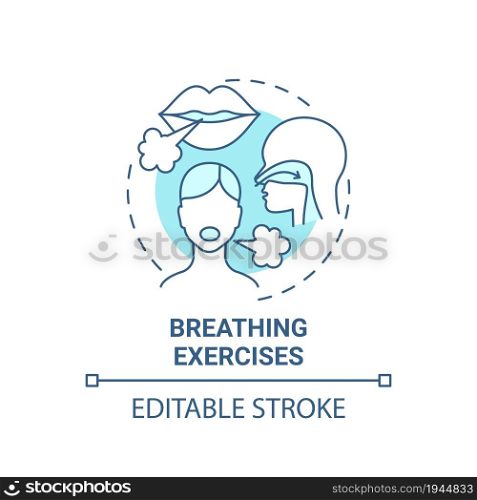 Breathing exercises blue concept icon. Respiratory rehabilitation abstract idea thin line illustration. Diaphragmatic and deep breathing. Vector isolated outline color drawing. Editable stroke. Breathing exercises blue concept icon