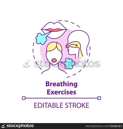 Breathing exercises concept icon. Respiratory rehabilitation abstract idea thin line illustration. Diaphragmatic and deep breathing. Vector isolated outline color drawing. Editable stroke. Breathing exercises concept icon