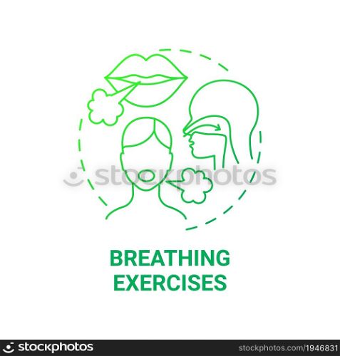Breathing exercises green gradient concept icon. Respiratory rehabilitation abstract idea thin line illustration. Diaphragmatic and deep breathing. Vector isolated outline color drawing. Breathing exercises green gradient concept icon