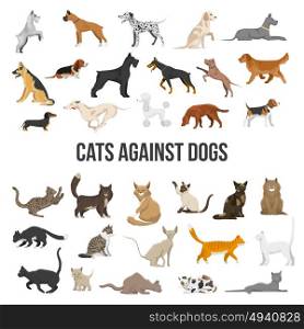 Breed Set Of Dogs And Cats . Colored icons set of different breeds of dogs and cats on white background isolated vector illustration