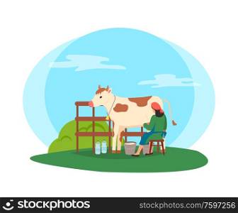 Breeding of animals and tending cows vector, milkmaid working with cattle in stable. Isolated worker with bottles sitting on stool by metal bucket. Milkmaid Person with Cow, Agriculture and Breeding