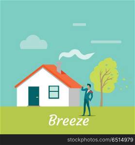 Breeze Gentle Wind Blowing on Young Man. Vector. Breeze gentle wind blowing on young man. Male standing near cottage house near tree while wind blows on his. Land breeze. Cool wind from the sea. Recreation near native home. Vector illustration