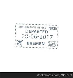 Bremen BRE airport visa st&isolated seal. Vector departed sign, immigration office icon. Germany immigration office in Bremen visa st&