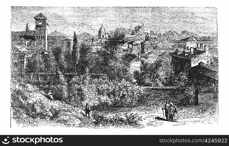 Brescia, city, Lombardy, Italy, old engraved illustration of Brescia, city, Lombardy, Italy, 1890s.