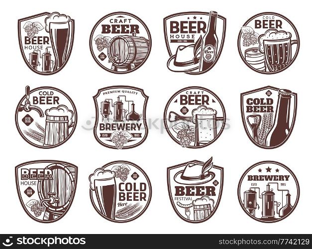 Brewery and craft beer isolated icons of bar and pub alcohol drink vector design. Malt beer bottles, mugs, glasses and barrels, wheat ale or lager pint tankards, barley, hops and brewing tanks. Brewery and craft beer icons, bar and pub alcohol