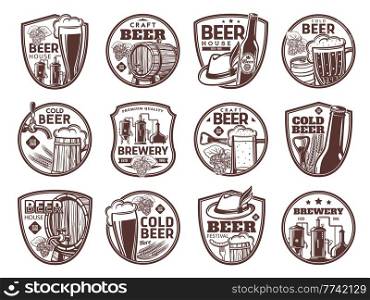 Brewery and craft beer isolated icons of bar and pub alcohol drink vector design. Malt beer bottles, mugs, glasses and barrels, wheat ale or lager pint tankards, barley, hops and brewing tanks. Brewery and craft beer icons, bar and pub alcohol