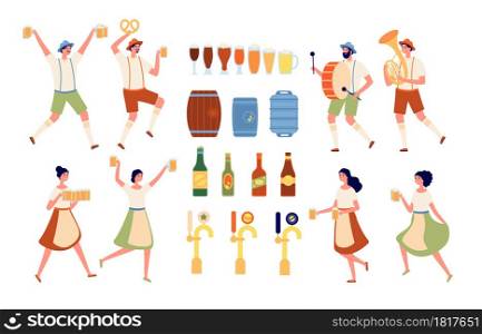 Brewery elements. Beverages bar, beer pub equipment. Isolated craft alcohol products and bottling. Oktoberfest people vector illustration. Alcohol product craft, production brewing lager. Brewery elements. Beverages bar, beer pub equipment. Isolated craft alcohol products and bottling. Oktoberfest people vector illustration