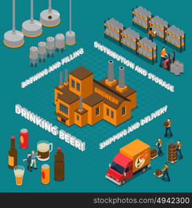 Brewery Isometric Composition . Brewery isometric composition with beer drinking symbols isolated vector illustration