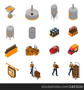 Brewery isometric icons set with beer production and distribution symbols isolated vector illustration . Brewery Isometric Icons Set