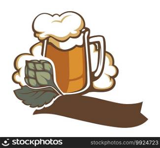 Brewery logotype, beer poured in glass, alcoholic beverage with foam on top. Emblem with copy space in ribbon, hops and liquid. Alcohol production or brewing company logotype vector in flat style. Beer brewery logotype, glass of drink with foam