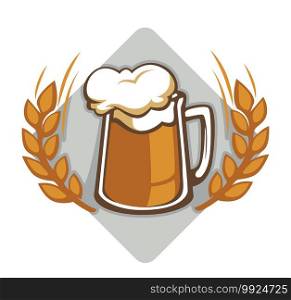 Brewery of beer made of organic and natural ingredients, isolated emblem of brewing company. Alcoholic beverage label with glass of drink with foam, wheat spikelets in wreath, vector in flat. Beer with foam in glass, brewery logo vector banner