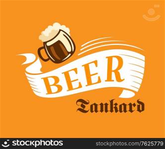 Brewery poster with beer tankard in yellow, white and brown colors on orange background. Suitable for bar logo, oktoberfest and restaurant design