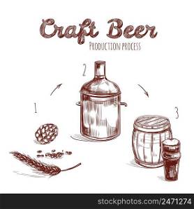 Brewing process hand drawn concept with ingredients and main steps of craft beer production isolated vector illustration. Brewing Process Hand Drawn Concept