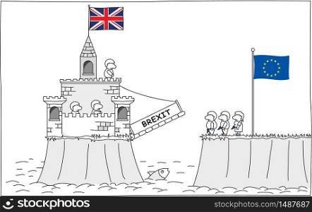 Brexit - Castle with United Kingdom flag raising the drawbridge. Vector image