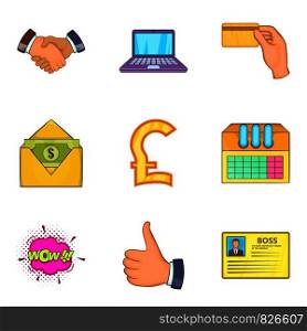 Bribe icons set. Cartoon set of 9 bribe vector icons for web isolated on white background. Bribe icons set, cartoon style