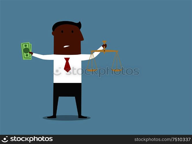 Bribery and corruption business concept design. Bemused cartoon businessman with scales and money deciding to be a honest person or rich and corrupt. Businessman choosing between honest and corrupt