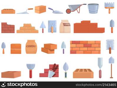 Brick and mortar icons set cartoon vector. Brick construction. Stone drywall. Brick and mortar icons set cartoon vector. Brick construction