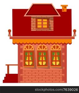 Brick building, accommodation for family. Facade exterior, vector windows and roof, chimney and stairs. Residence in village for living out of city. Flat style house isolated, country style building. Brick House, Living Building, Facade Exterior