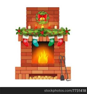 Brick Christmas fireplace with holly leaf bells and Christmas stockings, candles, wreath. House classic fireplace with burning wooden chunks flames and winter holidays traditional decorations. Brick Christmas fireplace with holiday decorations