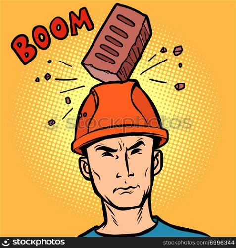 brick fell on the helmet Builder. Comic cartoon pop art retro vector illustration drawing. brick fell on the helmet Builder