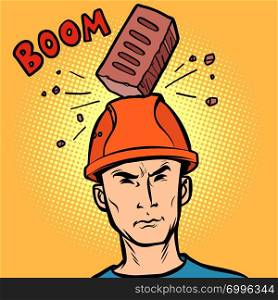 brick fell on the helmet Builder. Comic cartoon pop art retro vector illustration drawing. brick fell on the helmet Builder
