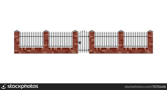 Brick fence. Brick fence and gate in flat style. Brickwal with metal bars.