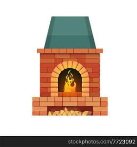 Brick fireplace with firewood and burning fire. Vector traditional style indoors chimney with place for logs. Vintage home fireside, heating system isolated on white background, cartoon hearth. Brick fireplace with firewood and burning fire