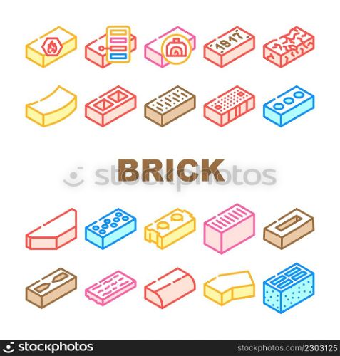Brick For Building Construction Icons Set Vector. Refractory And Defective Brick, Handmade And Facing Of Building Exterior, Old And Damaged Line. Cement And Silicate Material Color Illustrations. Brick For Building Construction Icons Set Vector