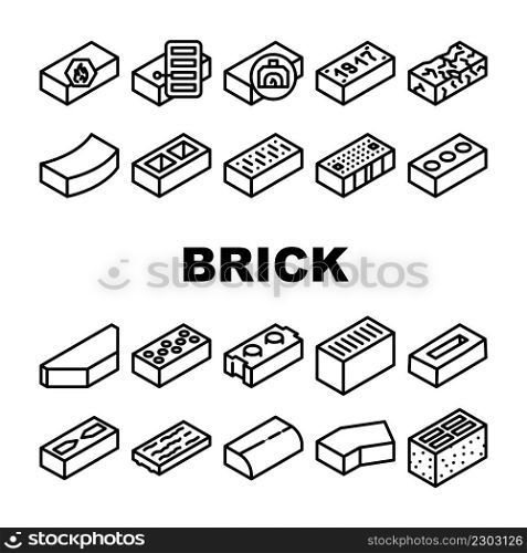 Brick For Building Construction Icons Set Vector. Refractory And Defective Brick, Handmade And Facing Of Building Exterior, Old Damaged Line. Cement And Silicate Material Black Contour Illustrations. Brick For Building Construction Icons Set Vector