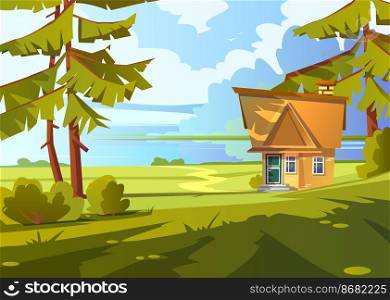 Brick house on lake shore. Summer countryside landscape with river, small cottage, green grass and pine trees. Vector cartoon illustration of nature scene with fisher house. Summer landscape with brick house on lake shore