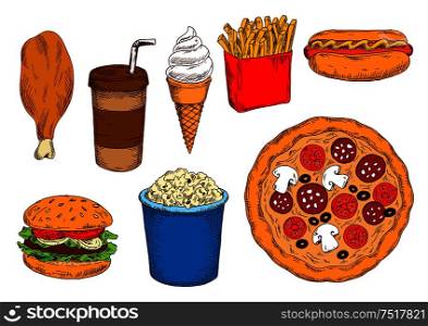 Brick oven italian pizza with salami and vegetable toppings, hot dog and hamburger sandwiches, bucket of crispy popcorn, chicken leg and french fries, takeaway cup of coffee with drinking straw and vanilla ice cream cone sketch symbols. Sketches of fast food lunch with coffee, ice cream