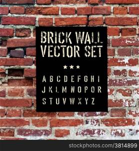 Brick traced texture, stencil alphabet and grunge rectangle. Three in one. Vector set