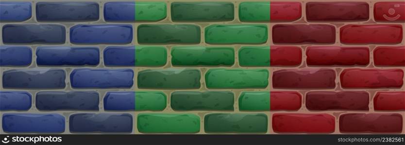 Brick wall, house facade texture for game interface. Vector cartoon seamless patterns of brickwork, vintage masonry with blue, green and red stone blocks and cement. Brick wall, house facade texture for game