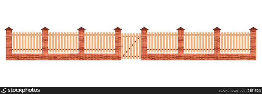 Brick-wooden fence. brick-wooden gate. Barrier for garden, farm and house. Fence with door for enclosure and protection. Wood or stone wall for boundary of yard. Vertical partition. Vector.