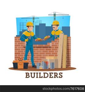 Bricklayer builders, vector construction industry workers. Mason cartoon characters laying bricks on construction site with trowels, cement mortar, toolbox, wheelbarrow, hard hats or helmets. Bricklayer builders, construction industry workers