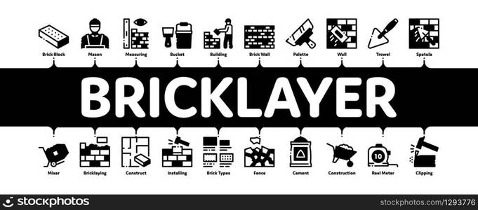 Bricklayer Industry Minimal Infographic Web Banner Vector. Professional Bricklayer Worker, Mason Layer Equipment For Construct Brick Wall Illustrations. Bricklayer Industry Minimal Infographic Banner Vector