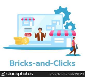 Bricks-and-clicks flat vector illustration. Combination of online and offline trade. Traditional and electronic selling. Marketing strategy. Business model. Isolated cartoon character on white. Bricks-and-clicks flat vector illustration
