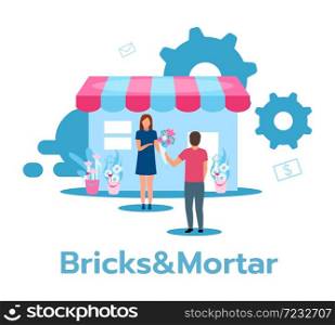 Bricks and mortar flat vector illustration. Retail store. Traditional flower shop. Face-to-face trading. Saleswoman and customer. Marketplace. Business model. Isolated cartoon character on white. Bricks and mortar flat vector illustration