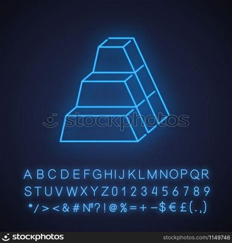 Bricks neon light icon. Stock of blocks. Geometric figures. Trapezoidal side. Abstract shape. Isometric form. Glowing sign with alphabet, numbers and symbols. Vector isolated illustration