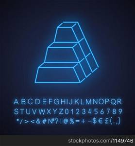 Bricks neon light icon. Stock of blocks. Geometric figures. Trapezoidal side. Abstract shape. Isometric form. Glowing sign with alphabet, numbers and symbols. Vector isolated illustration