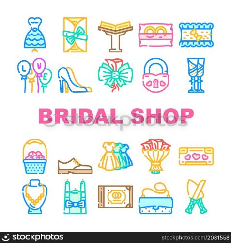 Bridal Shop Fashion Boutique Icons Set Vector. Dress For Bride And Costume For Groom, Garment For Bridesmaid And Candles, Ring And Wedding Album Selling In Bridal Shop Line. Color Illustrations. Bridal Shop Fashion Boutique Icons Set Vector